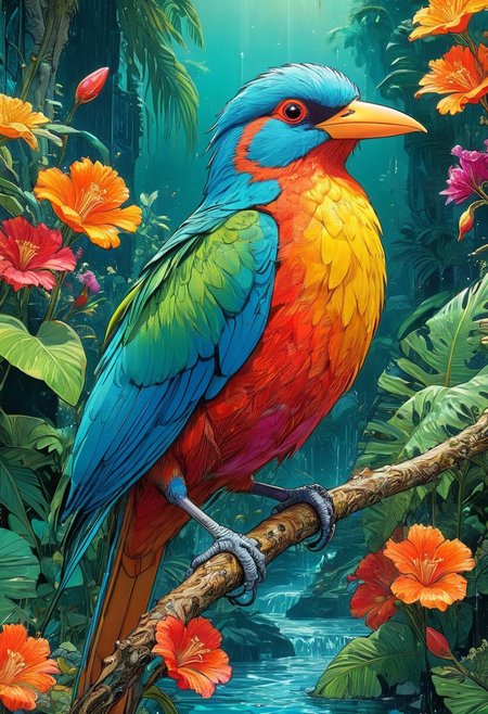 Artwork, a digital artwork,  close up image of 1paradise bird, colorful, jungle, plants, flowers, water, vibrant colors, highly detailed, aesthetic, great lighting, extremely detailed, perfect composition, a vibrant tissue of hues and textures captured digitally, best quality, realistic, captivating, intricately detailed, hyper detailed, maximalist style, dynamic lighting, superb composition, finest details, highest aesthetics, best quality, sharp focus, high contrast, stylized, clear, colorful, ultra quality, whimsical, fantastic, splash art, intricate detailed, hyperdetailed, maximalist style, hyper detailed, maximalist style, concept art, sharp focus, harmony, serenity, calm, mysterious glow, dynamic lighting, superb composition, sharp focus, high contrast, stylized, clear, colorful, ultra quality, best quality, ,..(anime,cyberpunk,Moebius (Jean Giraud) Style page), comicbookpencils