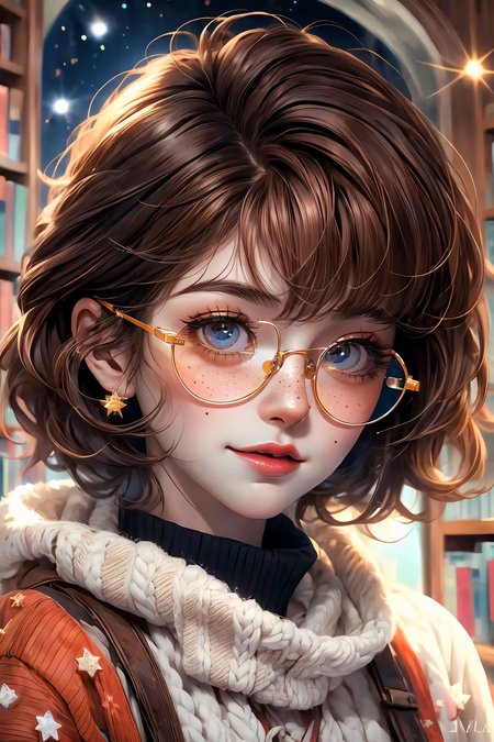 closeup, face, portrait, upper body, 
freckles, 
shy, blush, 
(short brown hair:1.1), 
(library:1.1), 
(round glasses:1.2), 
(brown eyes:1.4), 
cozy, detailed eyes, winter sweater, 
<lora:more_details:0.4>
 <lora:Cosmic anime-oil fusion v2:0.45> 
<lora:AnimeVibesV3:0.55> animevibes, 
<lora:3DMM_V11:0.55> 3DMM 
<lora:midjourney_20230624181825:0.65> midjourney  ,
 <lora:fashionGirl_v50:0.55> fashi-girl, red lips,
 <lora:LAS:0.15> cloud,colorful, starry,stars,
<lora:msw_locon-t2:0.25>, shiny, shiny hair, shiny skin, shiny clothes