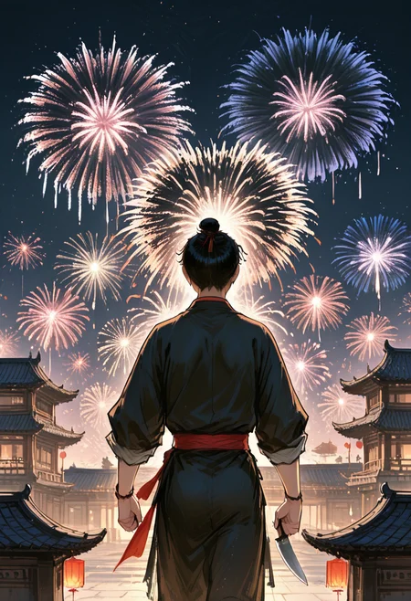 1boy, from behind, young boy, (massive fireworks:2.0), east asian architecture, chinese clothes, outdoors, cowboy shot, colorful, holding knife,
BREAK
best quality, masterpiece, very aesthetic, absurdres, highest detailed, very awa, detailed background,  <lora:Ink_wash_painting_style_v2.0:0.8>