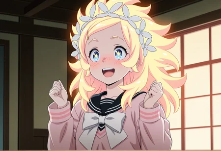 speed lines, anime screencap, anime coloring, anime screenshot, 1girl, blonde hair, long hair, spiked hair, blue eyes, hair ornament, serafuku, pink sweater, surprised, glowing eyes, glowing hair, starry eyes, smile, upper teeth only, happy, blush cowboy shot, indoors, both hands up <lora:bubuki_blonde:1>, masterpiece, best quality, amazing quality, very aesthetic, absurdres, highres, newest