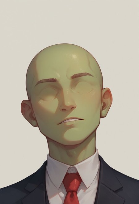 score_9, score_8_up, score_8,
1boy, solo, green skin, no eyes, no eyebrows, bald, black business suit, white under shirt, red tie, black suit pants, average body, close up, portrait shot, white background