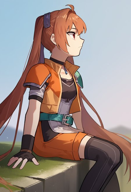 score_7_up, source_anime, profile, solo, 1girl, senEstelle, sitting, expressionless, looking away, twintails, single shoulder pad, choker, orange jacket, black shirt, miniskirt, green belt, black gloves, spandex shorts, black thighhighs, outdoors <lora:style_chocojax_ponyXL-000040:1> <lora:estelle-pdxl-nvwls-v1:0.9>