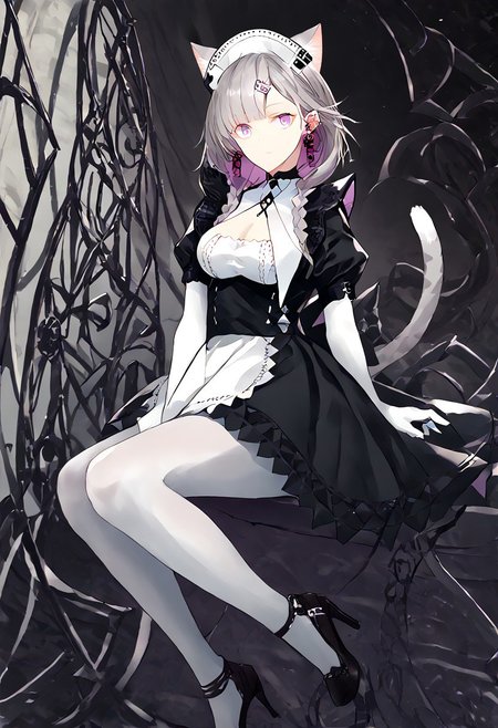 score_9, score_8_up, score_7_up, score_6_up, score_5_up, score_4_up, source_anime, 1girl, solo, 
KazemaruMAID, animal ears, grey hair, cat ears, cat tail, cat girl, extra ears, purple eyes, blunt bangs, maid, maid headdress, black dress, puffy sleeves, hairclip, cross earrings, twin braids, breasts, cleavage, earrings, elbow gloves, jewelry, white gloves, white pantyhose, high heels, black footwear, 
masterpiece, best quality, very aesthetic, absurdres,