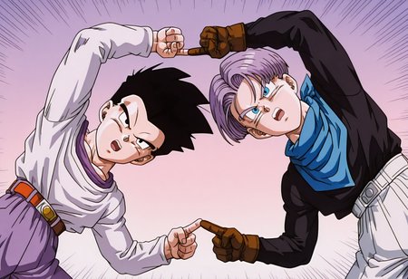 masterpiece,best quality,amazing quality,very aesthetic,absurdres,newest, highres,very awa,  <lora:Fusion_Dance_illustriousXL-000011:1>, 2boys, fusion dance, fingers together, index finger raised, index finger together, index contact, symmetry, symmetrical pose, emphasis lines, gradient background,
<lora:checkpoint-e30_s630:1>, 1boy, GTGoten, spiked hair, tilted hair, black hair, white shirt, long sleeves, white long sleeved shirt, purple t shirt underneath, lavender chino pants, leaning to the side, open mouth, serious,
<lora:checkpoint-e39_s546:1>, 1boy, GTTrunks, purple hair, blue eyes, blue bandana around neck, black long sleeved shirt, brown gloves, shorts, white shorts, leaning to the side, open mouth, serious,