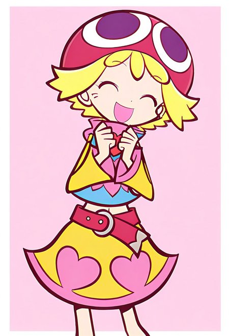 (deformed), adult, (best quality, 8K, masterpiece), best illustration, amazing, (detailed skin), puyopuyo, puyopuyo 7, amitie (puyopuyo), (mega amitie, deka amitie), 1girl, blonde hair, flipped hair, green eyes, light blue shirt have yellow sleeves, pink heart on shirt, hat, looking at viewer, open mouth, red hat, short bangs, short hair, skirt, simple background, smile, happy, eyes closed (Happy), solo, swept bangs, white background, yellow skirt, pink hearts on yellow skirt, midriff, pink scarf, Valentine day, pink background