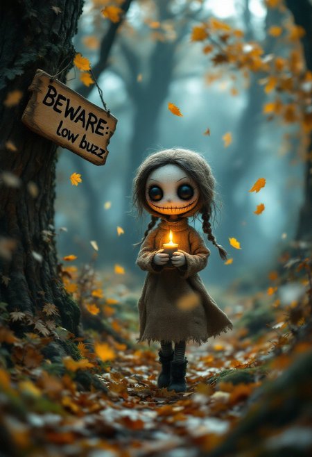 Against a mystical backdrop of swirling mist and autumn's descent into darkness, an Austrian Burlap Doll girl with large black button eyes and head crafted from jute material and a sinister grin emerges, her gaze illuminated only by the soft, flickering glow of a candle held delicately in her hand. As she walks through the eerie forest, leaves fall around her like golden confetti, carpeting the ground with a crunchy rustle. The atmosphere is both whimsical and unsettling, as if the very forest itself holds secrets and whispers tales to this enigmatic doll. Rough carved wooden sign attached to a tree that reads "BEWARE: low buzz" like a sinister warning.