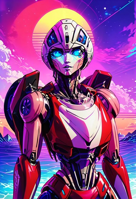 score_9, score_8_up, score_7_up, screencap, detailed eyes, looking at viewer, bust shot, white background, character sheet, multiple views, ArceeROTB, autobot, 1girl, solo, red and white body, mechanical parts, robot, helmet-like head, robotic face, glowing blue optics, wheels on back, ducati printed on right leg, autobot forehead symbol, fairing-like chest, blue eyes, narrow waist, synthwave, vaporwave, wave, lasers, sunset, synthwave-galaxy, unique pose, unique angle
