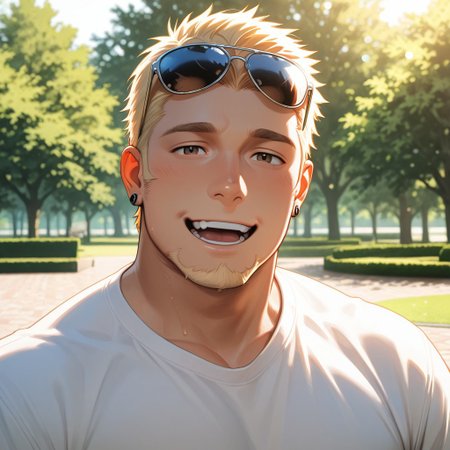 masterpiece, best quality, amazing quality, absurdres, newest, detailed background, definition so sharp, Ultra-HD, 8K cinematic, very awa, impressionate, amazing quality, highres, 
solo, male focus, manly, 
1boy, short hair, goatee, chubby, rikio_blonde, rikio_brown eyes, rikiokamamoto, sunglasses \(on head\), earrings, sideburns, simple t-shirt, bright lighting, park, sunny day, soft bokeh, gentle, kind eyes, inviting, friendly, joyful, looking at viewer, open mouth smile,