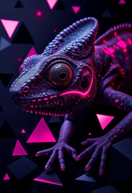 aidmaGlow A hyper-detailed, close-up image of a chameleon with alternating black and neon glowing pink scales. Its skin texture should be incredibly lifelike, with slight reflections on the scales as if illuminated by soft light from the side. The chameleon's eye is prominent, glossy, and round, with a deep black pupil surrounded by vibrant pink irises. The background consists of angular geometric shapes in shades of black and dark grey, creating sharp contrast against the pink elements. Some shapes are outlined in neon pink to match the chameleon's color scheme. Triangles and hexagons dominate the patterns, arranged in an abstract yet organized manner. The chameleon's body subtly shifts into these geometric forms as if it is camouflaging itself into this artificial environment. The blending effect where its limbs meet the background should be seamless but still hint at the natural textures of its skin merging with flat geometrical lines. Lighting should come from above and slightly to the left, casting faint shadows on both the creature and its surroundings for depth while enhancing contrast between bright pink highlights and deep blacks detailmaximizer