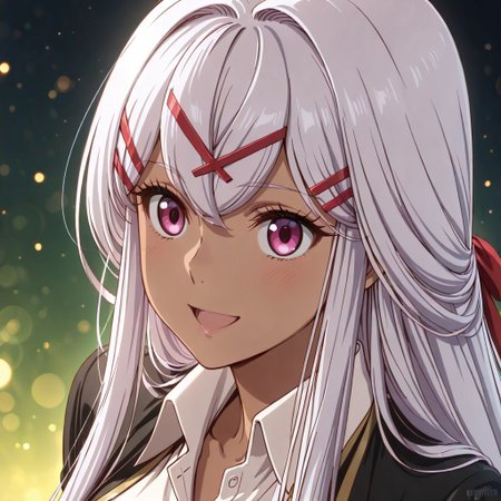 score_9, score_8_up, score_7_up, dynamic view, eye_focus, solo, looking_at_viewer, 1girl, 
masterpiece, best quality, bokeh, luminescent background,
(yulishia,  dark-skinned female, white hair, long hair, hair between eyes, bangs,  purple eyes, hair ornament, hairclip, x hair ornament, hair ribbon, red ribbon, medium breasts,   black jacked, white shirt, collared shirt, wing collar, long sleevs, red dress,  dress skirt, red skirt, black thighhighs, brown boots, scabbard, sword in scabbard, sword,
 ),
portrait, happy,