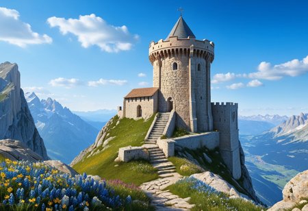 a  crusader watchtower on a (tall rock spire),  (13th Century:1.5), a stairway to the keep, doorway, very wide shot, far out shot, fantasy, blue sky, alpine meadow flowers, best quality, masterpiece, realistic, photo-realistic, amazing, finely detail, ultra-detailed, highres, extremely detailed, 8k wallpaper