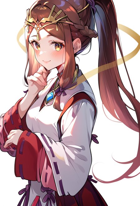 (score_9:0.9),score_8_up,score_7_up,anime style,rating_safe,(zPDXL),<lora:XB2 Lora and Haze ponyXL v1:0.77>,long sleeves,miko costume,red hakama skirt,1girl,solo,smile,blush,looking at viewer,simple background,upper body,white background,sidelocks,from side,closed mouth,high ponytail,hand on own chin,