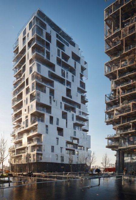 (((Modern style architecture, housing, luxury residence))),
outdoors, sky, tree, blue sky, no humans, ground vehicle, building, scenery, reflection, city, cityscape, bare tree, skyscraper, real world location,
(Large Files, Ultra Realistic, 8K, 16k, FHD, HD, VFX, Perfect, Photography, composition, Architecture Sales Photography, Architecture Competition, Ultra High Resolution, Cinematography, High Resolution Image:1.1), (dramatic lighting, direct sunlight, ray tracing, clear shadow:1.2), (real landscape:1.1), (blurred background:1.0), (urban background, more_details)  
(avant-garde, future, reality, science fiction, photorealistic), (modern architecture:1.2), White limestone with black granite, fountain, waterfall, landmark, square, path, narrow street,
(Large Files, Ultra Realistic, 8K, 16k, FHD, HD, VFX, Perfect, Photography, composition, Architecture Sales Photography, Architecture Competition, Ultra High Resolution, Cinematography, High Resolution Image:1.1), (dramatic lighting, direct sunlight, ray tracing, clear shadow:1.2),  (real landscape:1.1), (blurred background:1.0), (urban background, more_details) ,
great lighting, extremely detailed, clear, SteamPunk, <stardeaf-cold-arc>, void