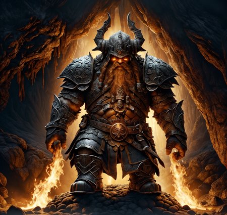 RAW photo, (masterpiece:1.3), subsurface scattering, heavy shadow, (high quality:1.4), (intricate, high detail:1.2), professional photography, HDR, High Dynamic Range, realistic, ultra realistic, photorealistic, high resolution, film photography, ambient lighting, atmospheric effects, <lora:detail_slider_v4:2>, OverallDetail, a dwarven warrior in intricate armor, on a stone (bridge) in underground cave, lava, fire, dwarven mine, Moria,  <lora:Bridge:0.66>, dwarfwarrior, <lora:DwarfWarrior:0.5>, looking at viewer, epiCPhoto