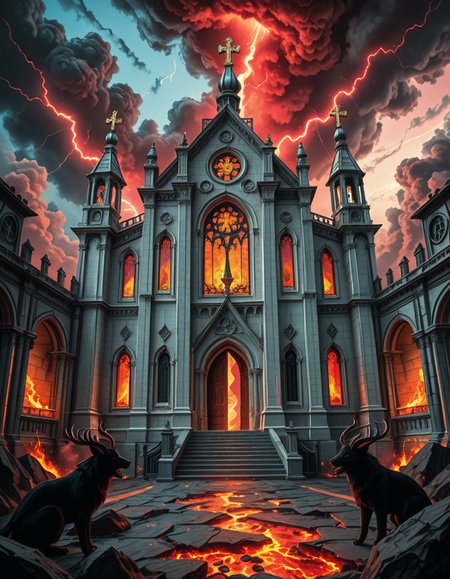 A once-majestic celestial temple, now under siege by the forces of Hell. The grand white stone structure is cracked and scorched, its golden crosses twisted and broken. The stained-glass windows, once glowing with warm divine light, are now shattered, with demonic symbols glowing ominously in their place. The sky, once a serene blue, is now consumed by dark storm clouds, swirling with red lightning and thick smoke.
Black, jagged chains extend from the sky, wrapping around the temple as if trying to pull it down into the abyss. The once-fluffy clouds beneath the structure are now a chaotic mix of fire, ash, and dark mist, with glimpses of molten lava cracks below. Infernal creatures with glowing red eyes lurk in the shadows, their silhouettes barely visible through the smoke and fire.
The temple doors are blown open, revealing an eerie red glow emanating from within, as if Hell itself is consuming the sacred space. Massive demonic runes are etched into the stone, pulsating with an unholy energy. The entire scene is bathed in a deep crimson and orange glow, giving it an apocalyptic and nightmarish atmosphere.
Style & Lighting:
- Dark fantasy, highly detailed
- Dramatic, high-contrast lighting with fiery glows
- Cinematic composition, epic scale
- Strong use of shadows, embers, and atmospheric foghighly detailed and atmospheric view from inside a massive birdcage, large enough for a human to stand inside. The cage is made of ornate, aged metal bars with intricate Victorian-style patterns, curving elegantly towards the domed ceiling. Sunlight filters through the gaps between the bars, casting long, dramatic shadows on the wooden floor. Delicate vines and small flowers have begun to grow around the bars, adding a touch of nature reclaiming the space. The background beyond the cage is blurred, hinting at a lush garden or a mysterious, abandoned mansion. The ambiance is serene yet slightly melancholic, with warm golden light illuminating dust particles floating in the air. Soft feathers are scattered on the floor, adding to the sense of quiet abandonment. The perspective makes the viewer feel as if they are inside the cage, looking outward, surrounded by both beauty and confinement. The style is highly detailed and realistic, with a cinematic and slightly surreal atmosphere.
<lora:SDXLFaeTastic2400:0.4> <lora:extremely_detailed:0.4> extremely detailed, <lora:evil_celestial_t3mpl3-i:1>,evil celestial t3mpl3, Masterpiece,best quality,hi res,8k,hi res,8k,award winning,(sharp focus, intricate, highly detailed),