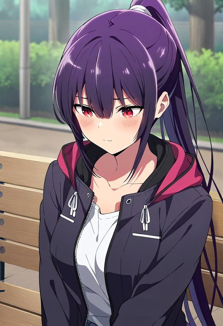 masterpiece,best quality,amazing quality, takamine takane, long hair, purple hair, red eyes, 1girl, solo, ponytail, bench, jacket, hair between eyes, closed mouth, blush, outdoors, collarbone