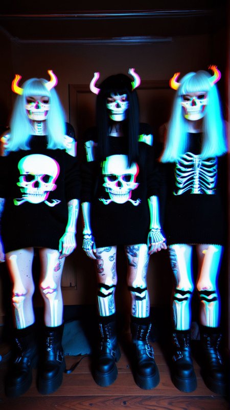 A group of knitting grandmas form a biker gang and ride across the country, spreading love and handmade sweaters wherever they go. 
(dark shot:1.2)
(optical effect, glitch art, glowing, layered effects:1.2)
 <lora:xray:2>