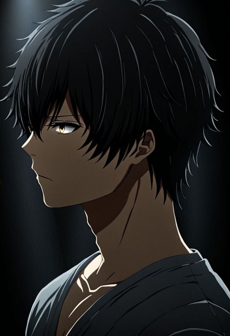 high resolution, solo, best quality, 1Boy, Seiya Kanie, black hair, short hair, thin, cool, Mysterious black background, Movie lighting, a sense of atmosphere, OverallDetail