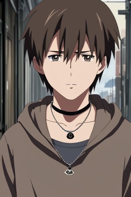 high resolution, solo, best quality, 1Boy, Takaki Toono, Brownish Hair, Brown Eyes, bangs, necklace, choker, hair between eyes, Hoodie, OverallDetail