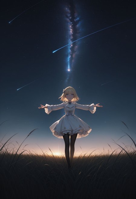 masterpiece,best quality,absurdres,highres,very aesthetic,high quality,detailed,insanely detailed,beautiful,perfect lighting, looking at viewer, 
outstretched arms, tall grass, shooting star, galaxy,
<lora:Leivinia Birdway illu:1> 1girl, blonde hair, blue eyes, short hair, white dress, ascot, frills, hair ornament, black pantyhose, long sleeves