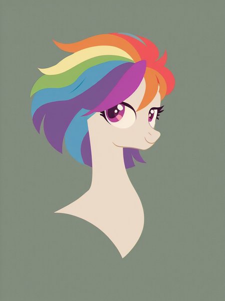 feral pony,Rainbow hair, show accurate,sharp image of a digital illustration of a pony's head. The pony has a rainbow-colored mane that is styled in a messy, messy manner. The mane is made up of multiple colors, including red, orange, yellow, green, blue, purple, and pink. The eyes are large and round, and the pony's nose is small and pointed. The background is a light green color. The overall style of the illustration is cartoon-like and playful.<lora:Pony\PonyMinimalStyle.safetensors:1.0:1.0><lora:Flux\flat\Minimalist_Flux.safetensors:1.0:1.0>