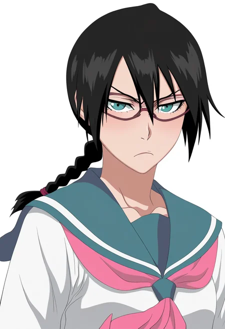 best quality, amazing quality, very aesthetic, absurdres,
1girl, yadoumaru lisa, black hair, braid, aqua eyes,
school uniform, glasses, serafuku, skirt,
upper body,
frown, solo, looking at viewer, (simple background, white background:1.3),     <lora:LisaYadomaruNoobXL_byKonan:1>