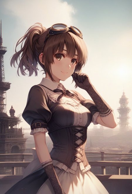 score_9, score_8_up, score_8, score_7_up, score_7, source_anime,
1girl, katou megumi, Megumi <lora:KatoMegumi:1>,brown hair,katou megumi,brown eyes, short hair , medium breasts,  solo,looking at viewer, ponytail ,masterpiece, best quality, steampunk theme, victorian cityscape background, wearing a detailed steampunk dress with brass and leather accents, intricate corset, puffed sleeves, lace gloves, goggles resting on her head, holding a small pocket watch, standing near a steam-powered contraption, gears and pipes in the foreground, warm sepia tones, soft sunlight breaking through clouds, gentle smile, elegant pose, side-angle perspective, detailed textures, cinematic atmosphere, intricate mechanical elements