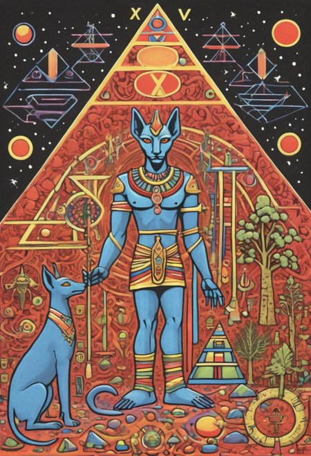 a drawing of Lunar Anubis, Egyptian psychadelic journey, a pharoh having a psychadelic vision, drinking from the tree of life, ((sigil of pyramid, sigil of great power, frames cube FancyTurning:1.5), (three planes) X Y Z in occult space, colorful psychedelic Egyptian themed trip,