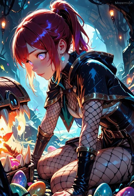 (masterpiece), (best quality), 8k, 1girl, fantasy adventurer girl, mesmerized, oblivious, cute treasure chest, cute Mimic, easter eggs, rainbow spiral eyes, Cute Mimic chest, Kneeling down, opening chest, whimsical dungeon interior, glowing magical torches, scattered loot around, soft warm lighting, stylized fantasy armor, fishnets, leather satchel, short cloak, colorful atmosphere, ponytail hair, playful fantasy mood, cinematic lighting, semi-realistic style, detailed environment, magical sparkles in the air,
Close up,  from the side,