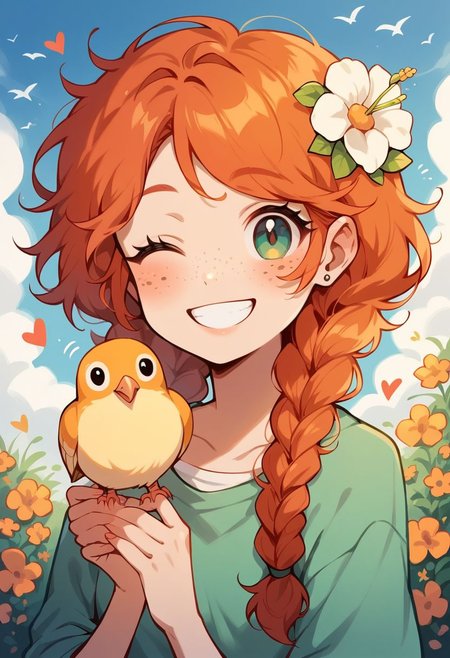 score_9, score_8_up, score_7_up, score_6_up,  <lora:p3tl0v3XLP:1> p3tl0v3, 1girl, 22yo, redhead, freckles, cute smile, Flower woven braids, bird on shoulder, cockatials, kawaii, cute, winking