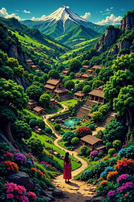 mayan village beautiful  landscape, noon, woman, very intricate, very detailed, sharp, bright, colorful, <lora:Hand v2:0.5> <lora:Anti-Blur:1><lora:Insane Detail Slider:0.25>  <lora:flux.1_lora_flyway_Epic-detail_v2:0.3> <lora:fluxenhancer:0.25> <lora:ck-Neon-Retrowave:0.4> ck-rw, in the style of ck-rw,  <lora:Neurocore Anime Cyberpunk:0.8> A digital artwork in the style of cknc