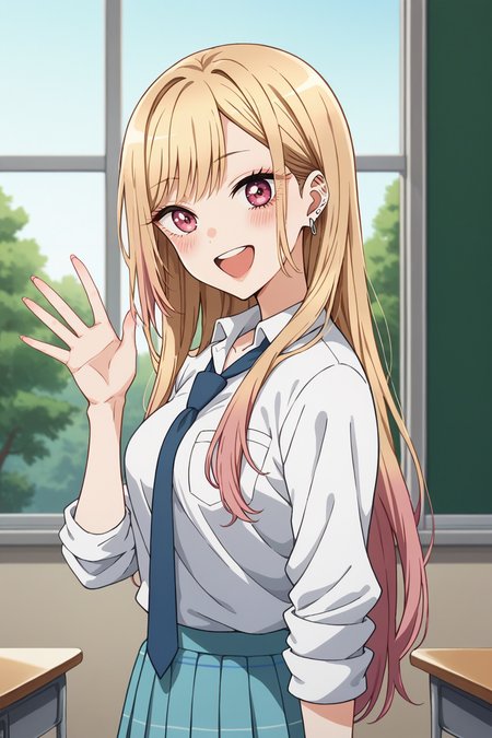 score_9, score_8_up, score_7_up, 1girl, prefect lighting, very aesthetic, intricate details, highly detailed background, masterpiece, high quality, prefect hands, best quality, solo, 
<lora:Marin_Dress_up_Darling_V2:.85>, KJOmarin, blonde hair, long hair, pink eyes, earrings, ear piercing, multicolored hair, 
collared shirt, sleeves rolled up, loose necktie, blue pleated skirt,
waving, from side, open mouth, smile, blush, looking at viewer, 
school, window, sunny, tree, classroom, 
(Beautiful, medium Breasts:1.2), natural breasts,