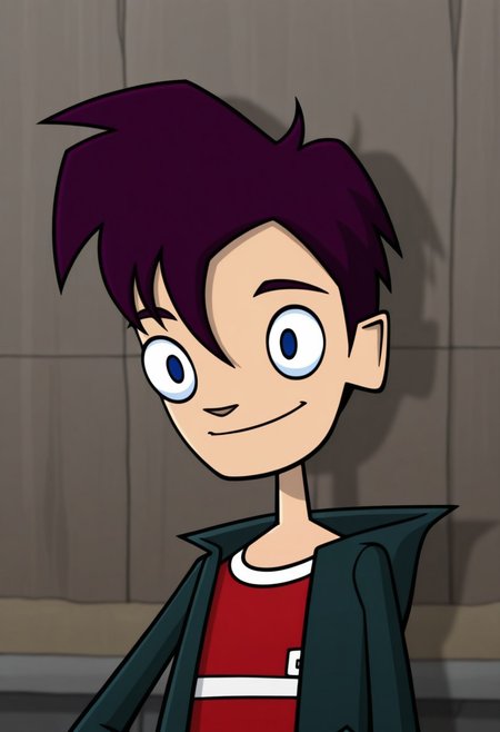masterpiece,best quality,amazing quality, 
RandyCunningham, 1boy, male focus, solo, blue eyes, purple hair, shirt, red shirt, jacket, green jacket, open jacket, outdoor, smile, portrait,