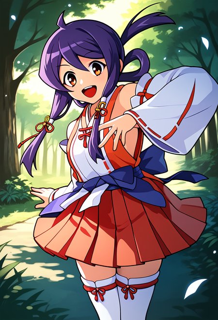 score_9, score_8_up, score_7_up, BREAK source_anime, best quality, masterpiece,very aesthetic, zPDXL2,official art,detailed_eyes,1girl, solo,
kaidou_akane, purple hair, red eyes, long hair, sidelocks, teenage, 
sarashi, ribbon trim,sarashi, red ribbon, white detached sleeves, white japanese clothes, red short hakama, red skirt, white thighhighs, miko, zettai ryouiki, sandals
<lora:kaidou_akane_pony_v1:1>
( standing:1.3),(dynamic pose),
smile, open mouth,
looking at viewer,(cowboy shot,:1.4 ),
outdoors, forest