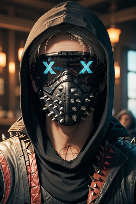 score_9, score_8_up, score_7_up, score_6_up
<lora:WDWren:0.9>
WDWren, 1boy, faceless, mask, hood up, vest, looking at viewer, portrait