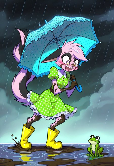 1girl,solo,furry,pink fur,tail,ears,source_furry,
,<lora:Viriathus_Vayu_illustrious:0.8>,
child, kid, 
irl hops gleefully into a rain-soaked puddle, her polka-dot umbrella tossed aside. Her frilly mint-green dress is soaked at the hem, and her hair clings to her face in damp strands. She laughs, cheeks rosy and eyes squeezed shut, as water droplets sparkle around her. Behind her, the cloudy sky mirrors her playful energy, and her yellow rain boots are caked with mud. A small frog peeks out from a nearby puddle, adding a touch of whimsy.
Tags:
1girl, rain, puddle, umbrella, polka_dot_dress, boots, wet_hair, laughing, blush, water_droplets, frilly_dress, playful, moe, cloudy_sky, cheek_marks, sparkling_eyes, dynamic_pose, mud, frog, innocent_expression