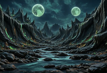 A beautiful landscape at night on an alien world, dramatic lighting, large moon in the sky, jade rocks, waterfalls, deep crevices, uhd, ultra-detailed, photography, f/8 photo, monoprone, nmskyrim