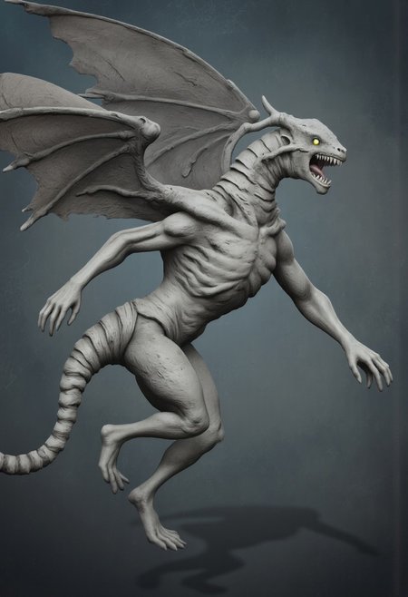 aidmaMJ6.1, Made out of paper, a PaperStyle , d4artstyle, d4concept, , d00mstyle, made of clay, ZBClay model of a gray sculpture
A grotesque, dragon-like creature with a serpentine body and an unnerving appearance. The creature's skin is pale and textured, resembling a mix of reptilian scales and leathery hide. It has a long, sinuous neck with frilled ridges running along the sides, leading to a wide, gaping maw filled with sharp teeth and a forked tongue. Its large, bulbous eyes glow with an intense, otherworldly light, giving it a predatory and alert expression. The wings are bat-like, featuring tattered membranes that stretch from elongated, clawed digits, allowing for flight. The limbs are short but muscular, ending in webbed feet with sharp talons. The tail is thick and tapers into a fin-like structure, suggesting an aquatic adaptation. The creature's design blends elements of horror and fantasy, with an emphasis on its unsettling, twisted form.
Background solid color with a faded dimly lit, fog-covered darkness tone that emphasizes its silhouette. 
 The medium is not a traditional painting or illustrative medium like watercolor or ink but rather a digital rendering, eerie and unsettling.