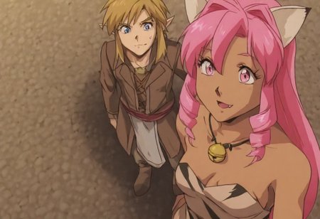 1boy, 2girks, Pink_DragonPink, 1girl, sleeveless dress, white tiger print dress, pelvic curtain, cleavage, cat ears, cat bell necklace, bright pink hair, tanned, white tiger tail, red sash, small breasts, leather shoes, masterpiece, very aesthetic, <lora:pink-illustrious:1>, open mouth smile, single fang showing, 
Break
1boy,Anime screencap,link (zelda),blonde hair,blue eyes,pointy ears, low ponytail, sidelocks, blue hyilian tunic,
Break
natsuki, pink hair, short hair, hair ornament, two side up, hairclip, pink eyes, x hair ornament, small breasts, blazer, brown sweater, collared shirt, neck ribbon, blue skirt
Outdoor medieval festival, hylian flags being flown, sunny day, FFM76hug