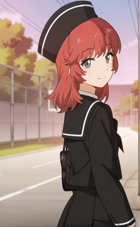 masterpiece, best quality, highres, newest, 1girl, solo, official style, anime screencap, <lora:Aoi_friend:1>, aoifriend, red hair, grey eyes, mole under eye, black hat, school uniform, outdoor, smile, cowboy shot, looking at viewer
