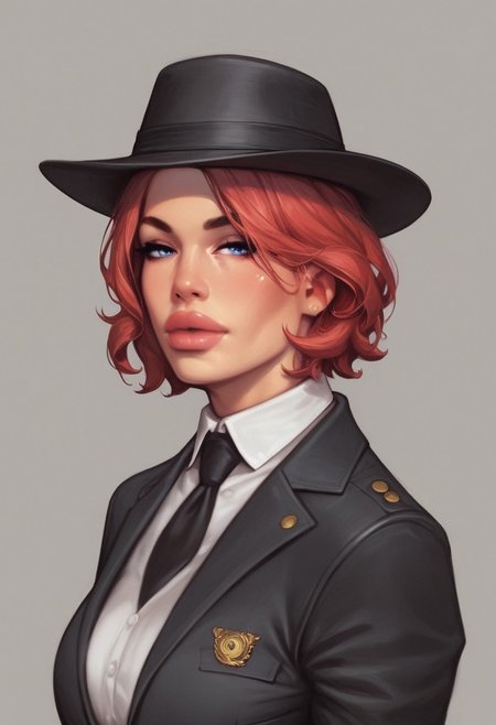 (masterpiece, best quality, 4K, anime),1girl, mature, solo, (intense crimson hair), short hair, bob cut, wavy hair, bangs, blue eyes, beautiful eyes, perfect eyes, culpted nose, natural color lips, black striped suit, white shirt, black blazer ,black pants, belt, black necktie, (black fedora hat), long coat, two tone shoes, black and white shoes, vintage style, vintage, looking at viewer, high resolution textures, cinematic, extremely detailed
((full-clothed)),
BREAK 
strange world background score_9, score_8_up, score_7_up, score_6_up, source_cartoon, rating_explicit, Expressiveh, (((((upper body, portrait))))), dynamic pose