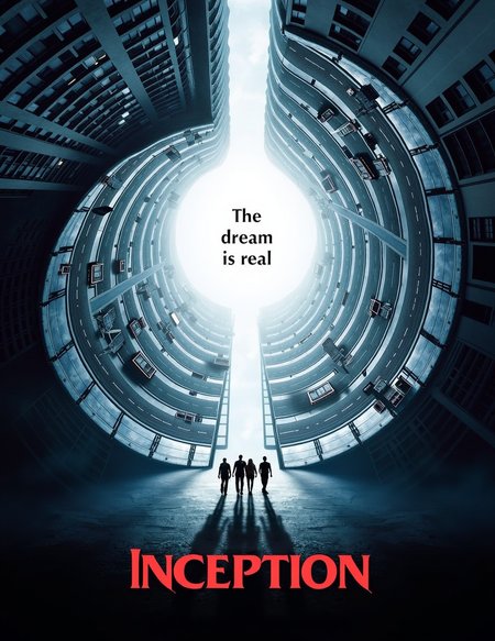 a movie poster,  It features a dynamic and surreal visual of a city street bending and warping upwards in a curve, enveloping the sky, creating a dream-like and disorienting effect. The scene is centered on a group of people walking along the street. The tagline "The dream is real" is displayed above, reinforcing the film's theme of exploring the blurred line between reality and dreams. The overall color palette is blue and gray, adding a mysterious, futuristic tone. The title "Inception" is boldly displayed at the bottom, This visually striking poster conveys the movie's complex and mind-bending narrative.
