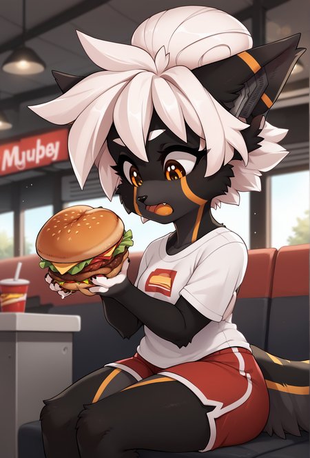 score_9, score_8_up, score_7_up, score_6_up, score_5_up, score_4_up, depth of field, bokeh, indoors, booth seating, diner BREAK 
<lora:warning_fluffkevlar_ponyXL_v1.62_0.99:1.00> fkwarning, 1girl, solo, white hair, hair bun, shortstack, orange eyes, furry, black fur, tail, long tail, (big burger:1.2), holding burger, eating, white t-shirt, red shorts, looking down, open mouth