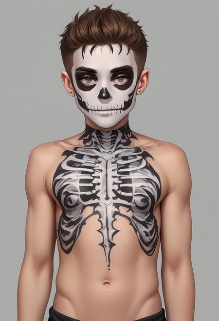 score_9, score_8_up, score_7_up, source_anime, highly detailed, 1boy, solo, cute boy, freckles, grey eyes, SKULLF4C3XL, skull tattoo, facial_tattoo, skeleton makeup, skull facepaint, skeleton body paint, shirtless, navel, pelvis