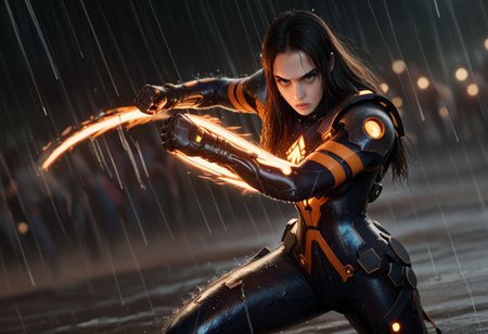 score_9, score_8_up, score_7_up, score_6_up,
stellartachy, 1girl, solo, black  hair, black eyes, long hair, (Large black round armored Shoulder pads:1.4), (look at viewer, perfect eyes; 1.5), perfect lips
(orange neon lines), ( black glowing plugsuit:1.3), cyberpunk gloves, 
(Wet rain, worm, hurricane: 1.5)
cowboy shot, white background, (epic, movie scene , action scene, fight, colorful, bokeh, god light:1.4), motion blur, action shot