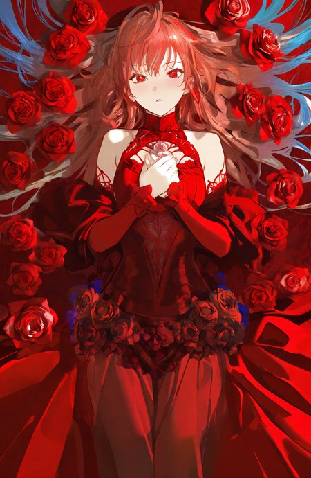 1girl, solo, long_hair, looking_at_viewer, red_eyes, dress, bare_shoulders, flower, lying, on_back, rose, red_dress, red_flower, hands_on_own_chest, red_theme