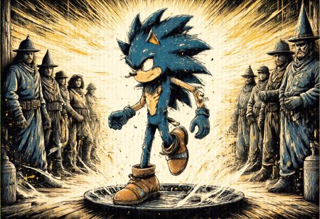 text saying "The Buzzord of the Rings", gritty Ssonic the Hedgehog sniffing a line of SuchBuzzLogo on a silver plate looking like cocaine, speed running through laser rays inside a medieval themed rave party, shots fired, indoors, nazguls and wizards dancing around him, shadows, stromboscope, natural lighting, shocked, score_8_up, score_7_up