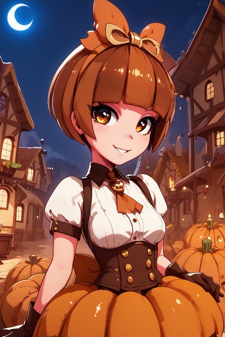 score_9, score_8_up, score_8, medium breasts, (curvy), cute, eyelashes,       BREAK, , ,,, zzPmpknGrl, brown eyes, short hair, brown hair, blunt bangs,  gloves, thighhighs, short sleeves, jack-o'-lantern, pumpkin, shirt, sitting, white shirt, <lora:PumpkinGirl_Masashi_PDXL:0.8>,   ,,, , BREAK, ,,, upper body, smile, looking at viewer, ,,, shiny skin, <lora:ProAnime_PDXL_v1:0.8>, night, soft shadows, moonlight reflecting off skin, whisper of wind, ,,, embedding:zPDXL, Expressiveh, <lora:SDXLFaeTastic2400:0.5>, <lora:Expressive_H-000001:0.4>,