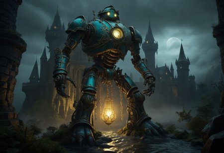 giant bipedal robot brass and dark teal striped paint, bronze paisley robot. lacy robot metal. glass helmet torso head. outside of a steampunk keep. large detailed torso. dark image. one forty foot tall ancient robot with great arms and two heavy spring legs. dark foggy night background. $dark foggy night image only. dark photo realistic image. steampunk details. cogs, chains and pipes incorporated in the fantasy buildings. magic wizards tower in background. Dark swamp, moss, castle ruins, wizards tower. stormy dark night.  stormy sky.  rain