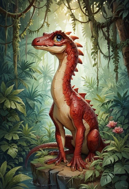 score_9, score_8_up, score_7_up, rating_questionable,score_9, score_8_up, score_7_up, BREAK,burgundy Dino,small Dino,maroon scales,full body, jungle background,highly detailed,intricate details,warm and cozy,hyper realistic,